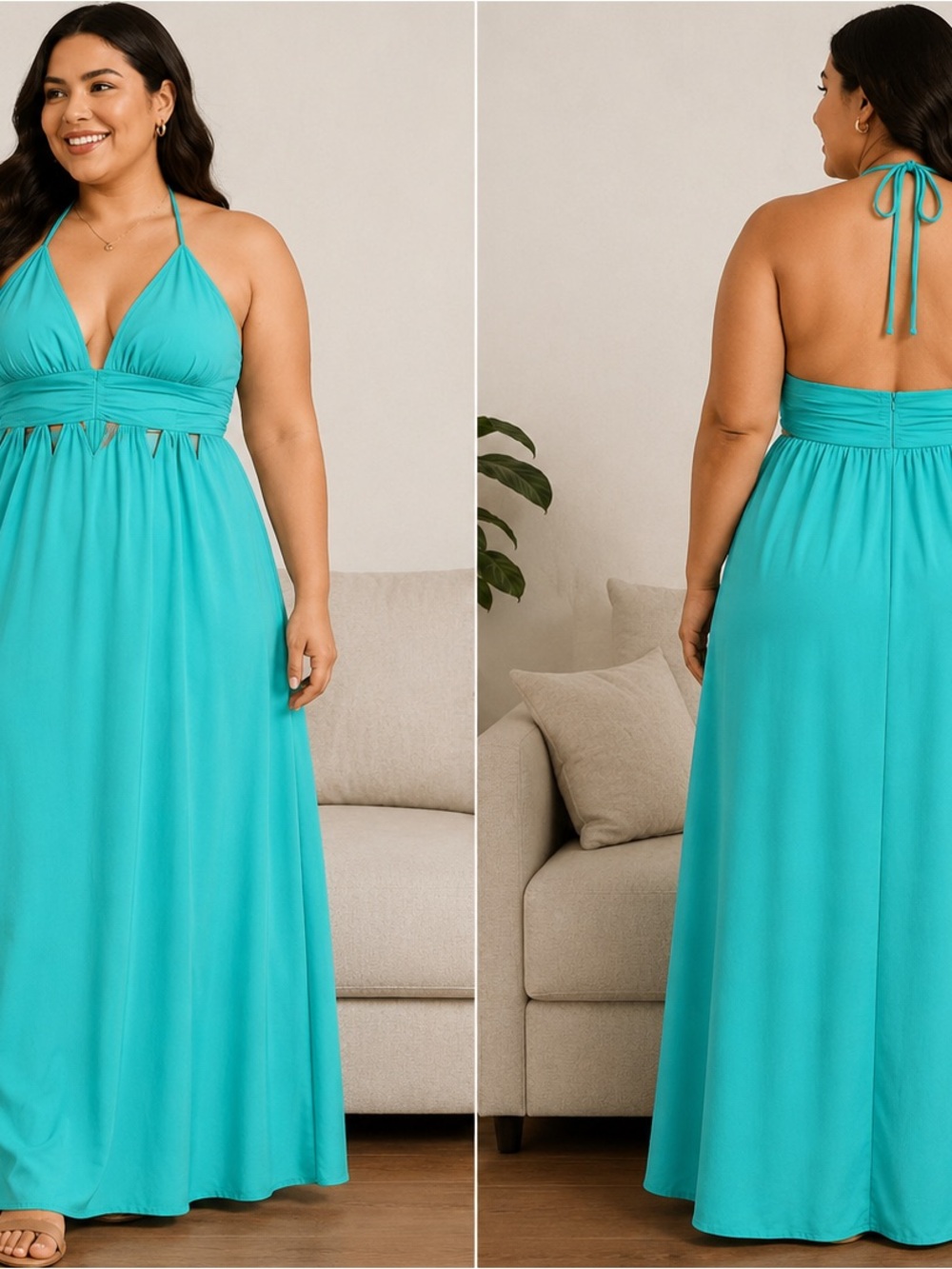 Plus Size Backless Halter Maxi Dress in Aqua Teal
